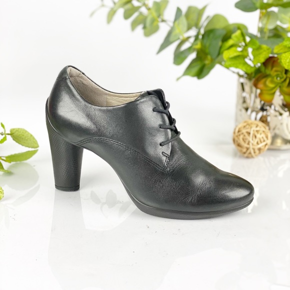 Ecco Shoes - Ecco Black Leather Lace Up Oxford Pump Bootie Heel